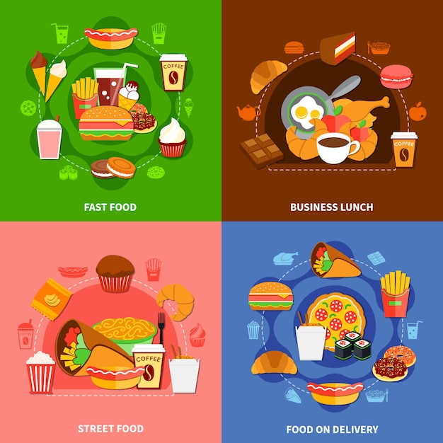 Free Vector fast food 4 flat icons square 