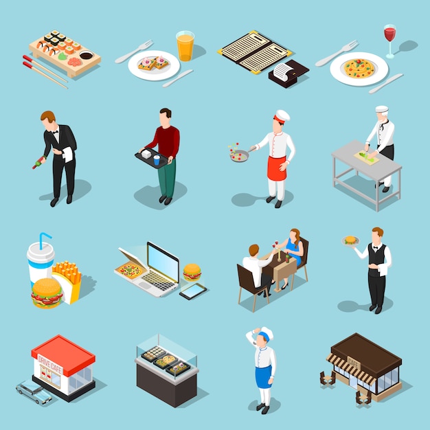  Fast Food Isometric Icons Set