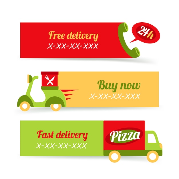 Free vector fast food pizza free delivery 24h banners set isolated vector illustration