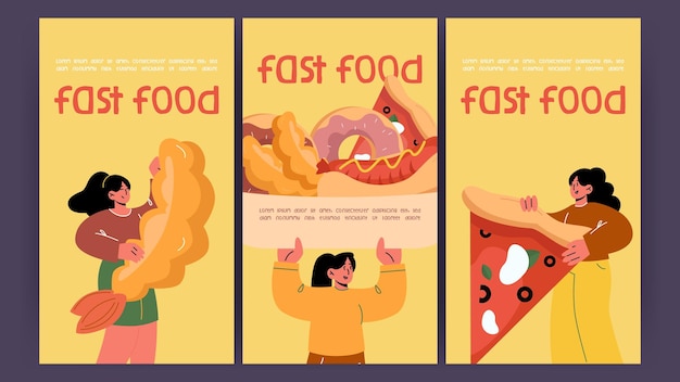 Fast food posters with girl hot dog pizza donut