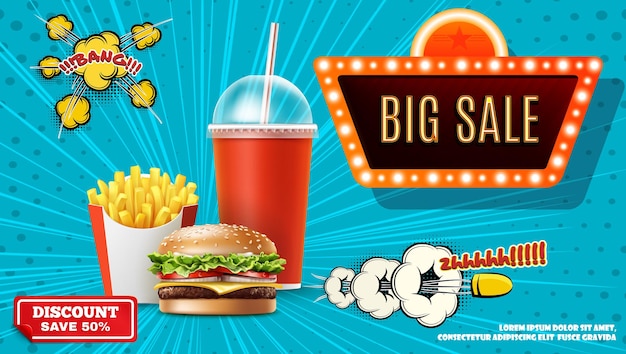 Fast food promotional concept with realistic french fries soda burger big sale neon banner comic speech bubble bullet explosive and halftone effects illustration