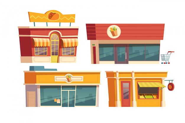 Fast food restaurant and shops building cartoon