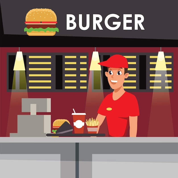 Fast food restaurant with young seller Cafeteria meal catering business takeaway service with tasty burger soda and french fries