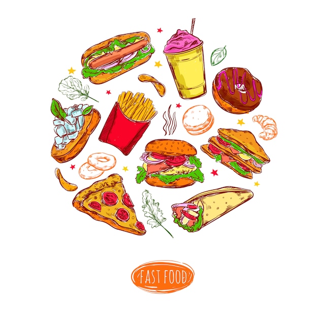 Free Vector fast food round composition illustration