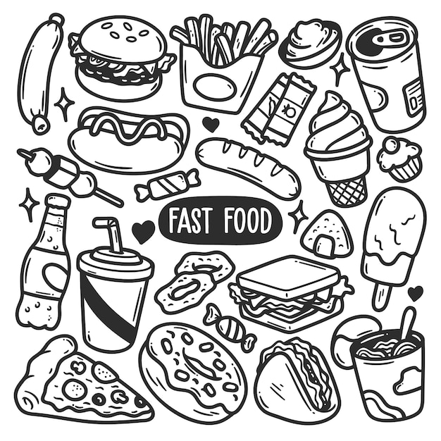 Free Vector fast food stickers hand drawn doodle coloring vector