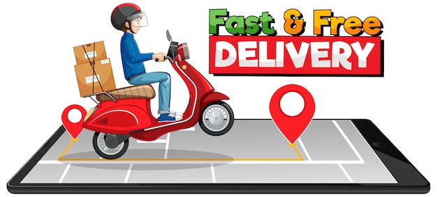 Fast and free delivery logo with bike man or courier