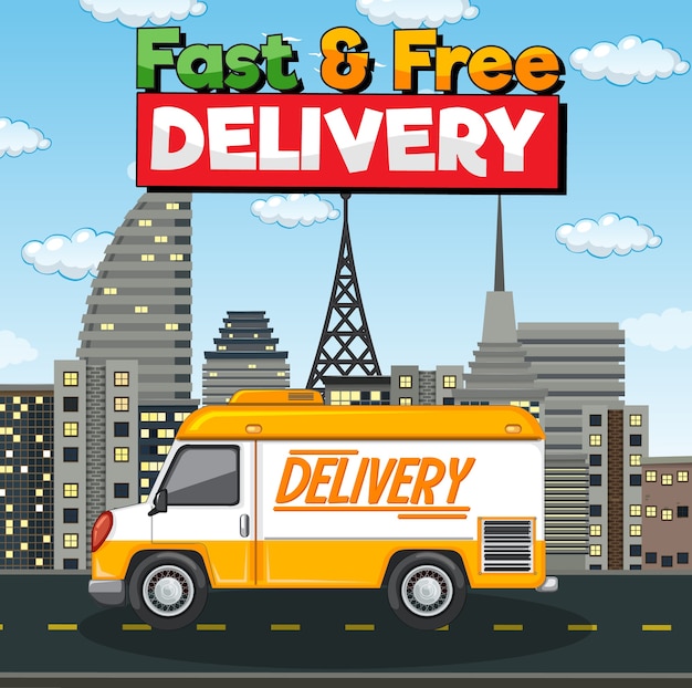 Free Vector fast and free delivery logo with delivery van or truck in the city