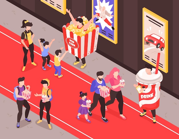 Fastfood promoters in snacks and soft drinks costumes approaching customers on red carpet isometric composition  illustration