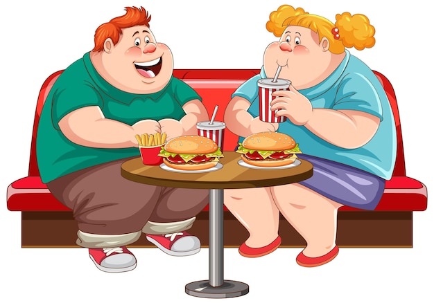 Free Vector fat couple eating fast food at the restaurant