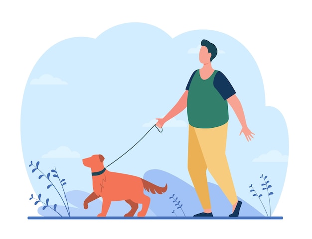 Fat man walking with dog on street. Cartoon illustration