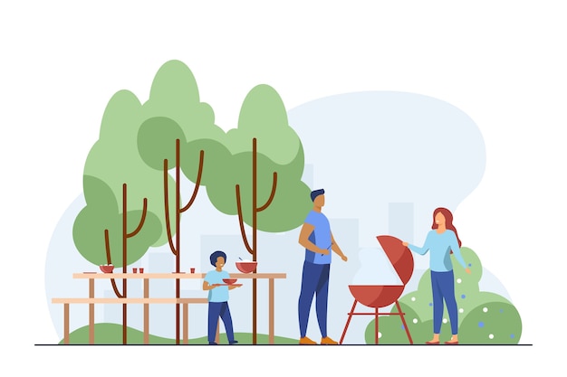 Free Vector father cooking barbecue on picnic. park, nature, food flat vector illustration. family and weekend concept 