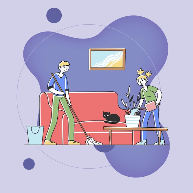 Free Vector father and daughter cleaning apartment together