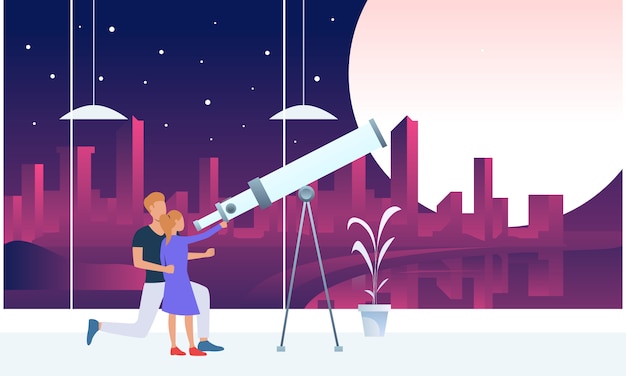 Free vector father and daughter looking at moon through telescope