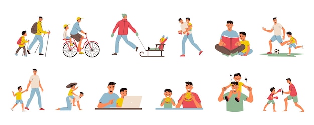 Free vector father day dad son icon set father and son spend time together vector illustration