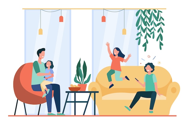 Father entertaining three kids at home. Happy children playing games and having fun with their dad. Flat vector illustration for single parents, family, fatherhood concept