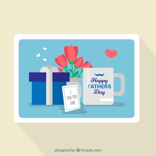 Father's day greeting card with flowers and gift