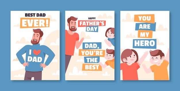 Father's day hand drawn flat greeting cards set