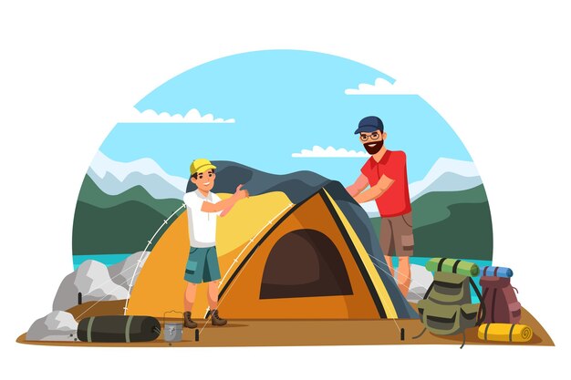 Father and son camping in mountains and set up tent