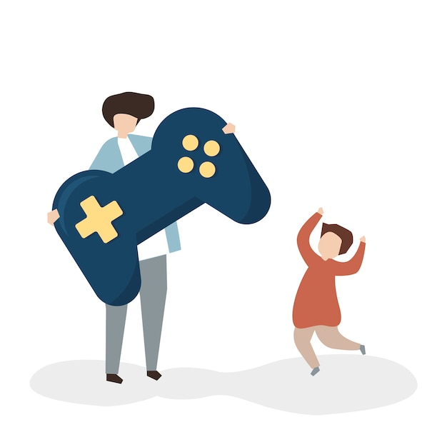 Free Vector father and son with a gaming control