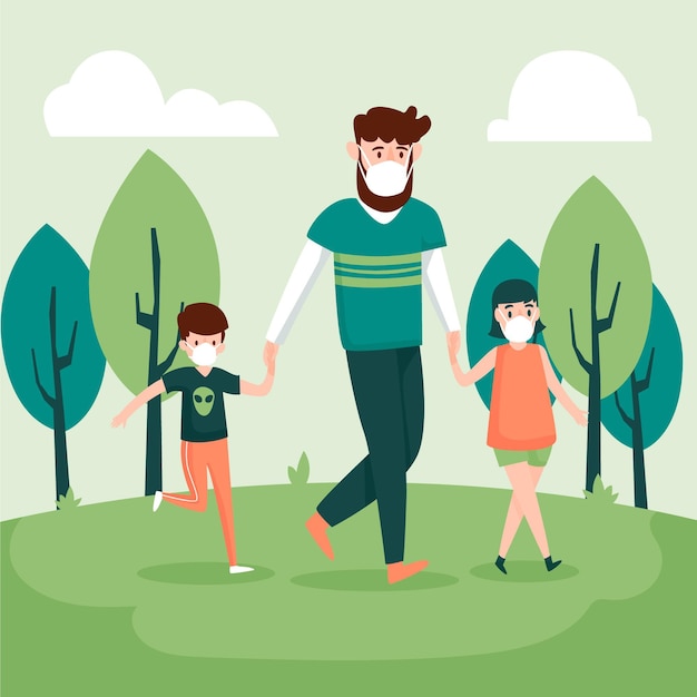 Father walking with children while wearing medical masks