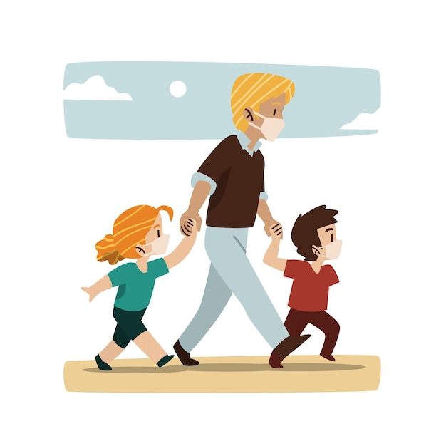 Free Vector father walking with their children with medical masks