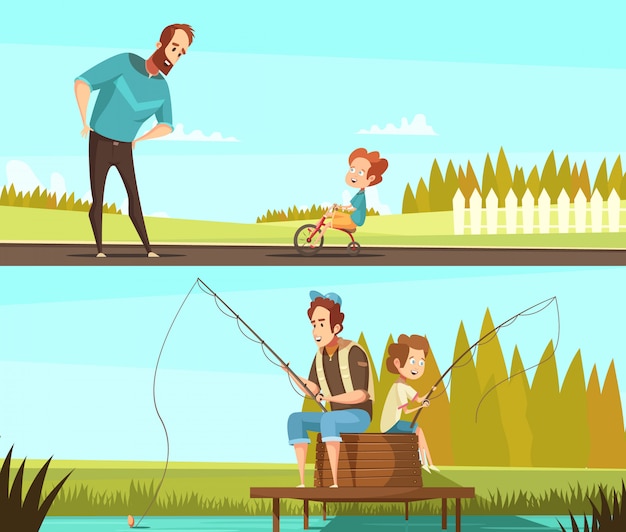 Free vector fatherhood 2 retro cartoon outdoor activities banners with fishing together and little boy cycling isolated vector illustration