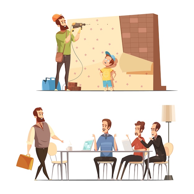 Free Vector fatherhood 2 retro cartoon work family balance concept with house renovation and late in office isolated vector illustration 