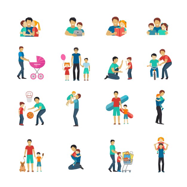 Fatherhood flat icons set with father playing with children 