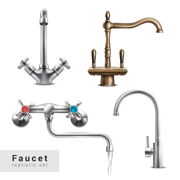 Faucet realistic set of four isolated images of various water mixers on blank  with text