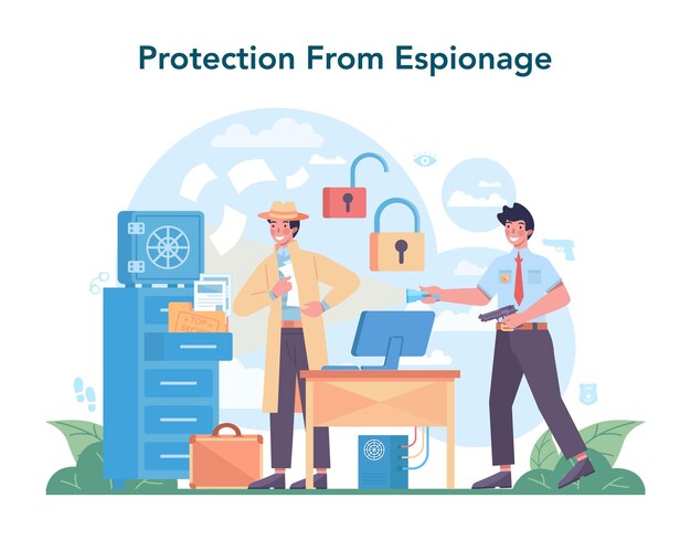 FBI agent concept Police officer or inspector investigating crime Protection of espionage cyberattack and terrorist Isolated flat vector illustration