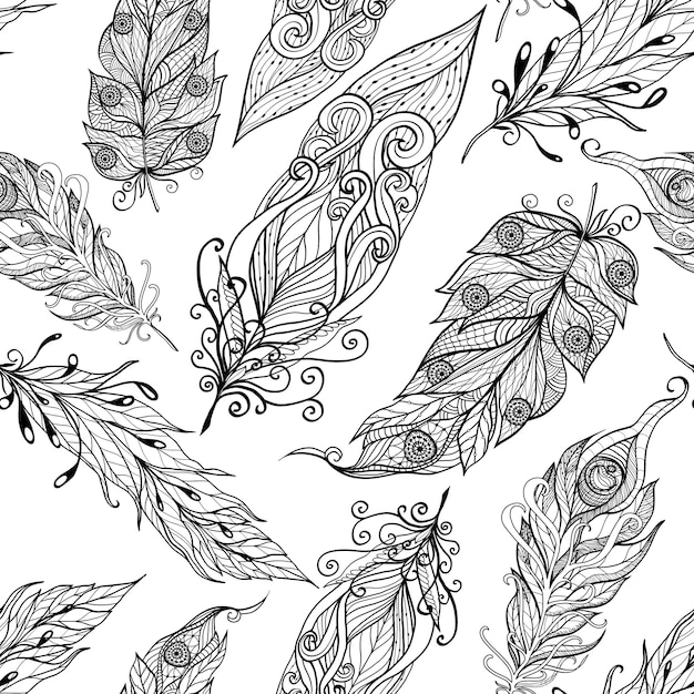 Free vector feather seamless doodle black pattern