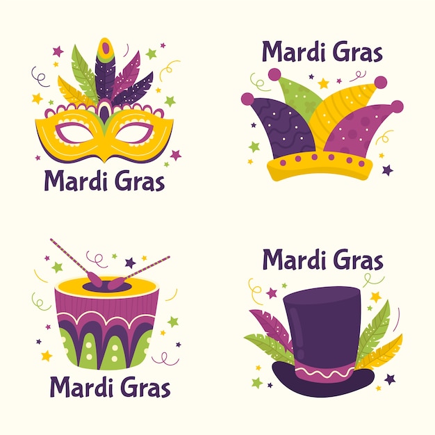 Free Vector feathers and costumes mardi gras label collection