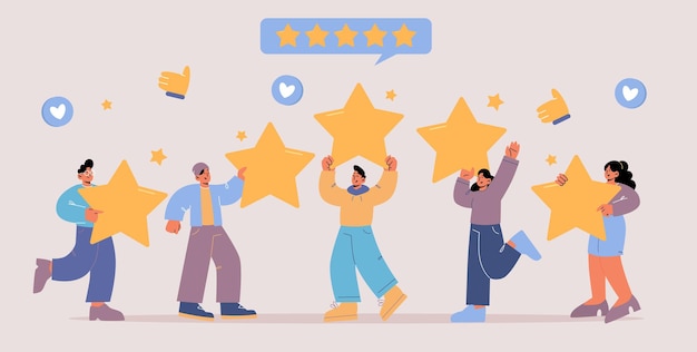 Free vector feedback, customer review concept. rating of client satisfaction of service, app or product. vector flat illustration of quality rate with people holding gold stars and like symbols