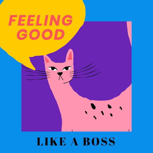 Free vector feeling good phrase  template with cute cat vintage illustration social media post