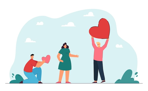 Free Vector female cartoon character choosing man holding bigger heart. girl rejecting male character with small heart, love triangle flat illustration