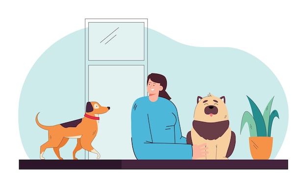 Free Vector female character patting dog at home. woman spending time with her pets flat vector illustration. pet care, lifestyle, friendship, daily routine concept for banner, website design or landing web page