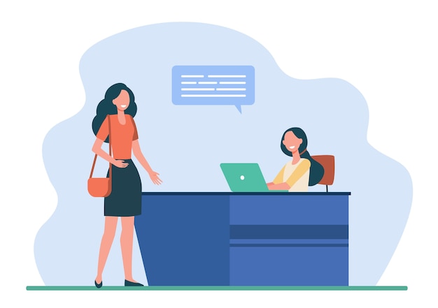 Free vector female client or visitor talking with receptionist. desk, speech bubble, laptop flat vector illustration. service and communication