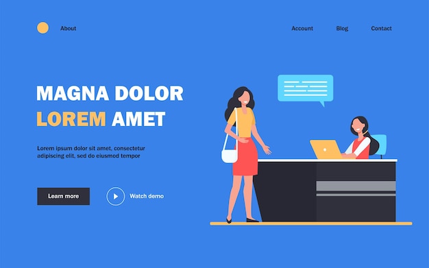 Free vector female client or visitor talking with receptionist landing page