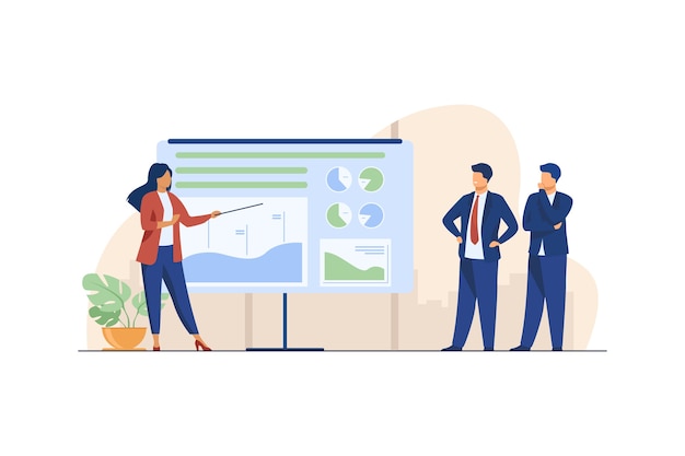 Female coach explaining statistics to businessmen. Graph, company, analysis flat vector illustration. Business and marketing