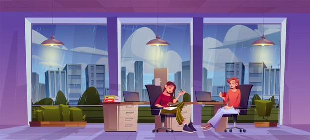 Female company employees working in office on rainy day Vector cartoon illustration of two young women sitting at desk near large windows with gloomy cityscape view thinking over project together