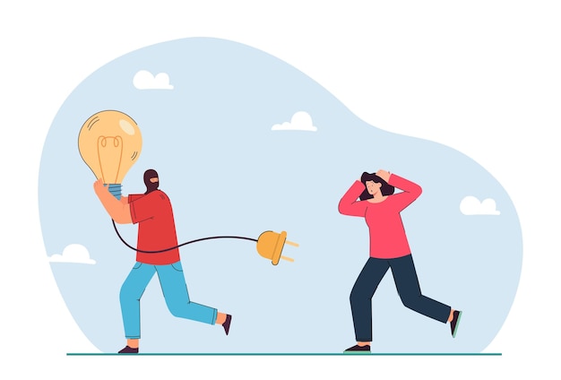 Female content creator running after thief with big lightbulb. Criminal stealing idea from woman flat vector illustration. Creativity, crime, intellectual property concept for banner, website design