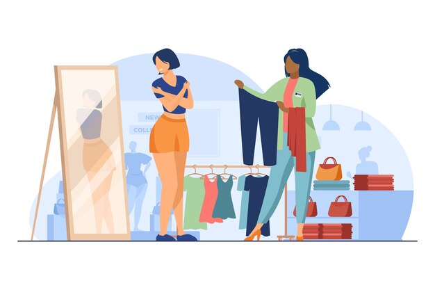 Female customer choosing clothes in fashion store. Shop assistant, seller, consultant flat vector illustration. Shopping, fitting room