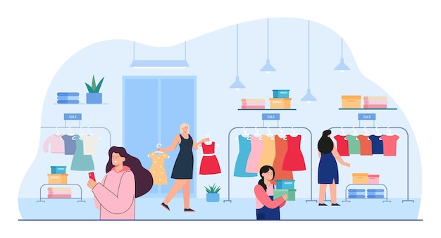 Female customers looking at clothes in retail store. Women buying garments or apparel in clothing shop flat vector illustration. Fashion, shopping concept for banner, website design or landing page