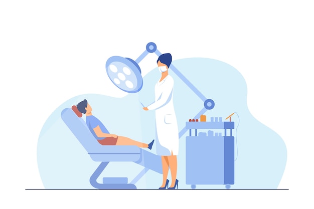 Free Vector female dentist curing boy in chair. tooth, treatment, toothache flat vector illustration. stomatology and medicine concept