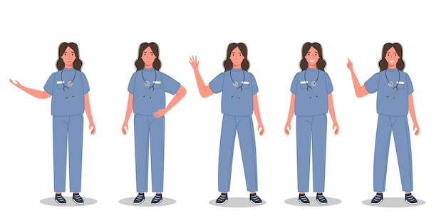 Female doctor set in different pose Group of medical professional womanin sanitary uniform