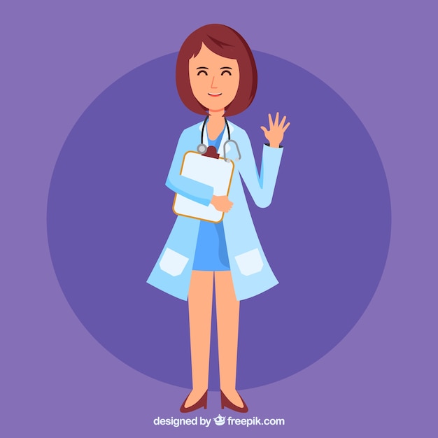 Female doctor with clipboard on purple background