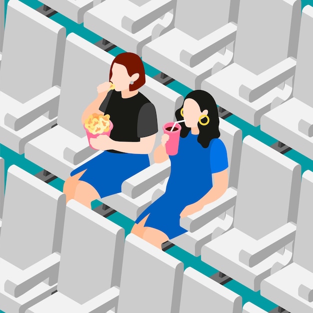 Free vector female friends isometric colored composition two friends sitting together in a movie theater eating popcorn vector illustration