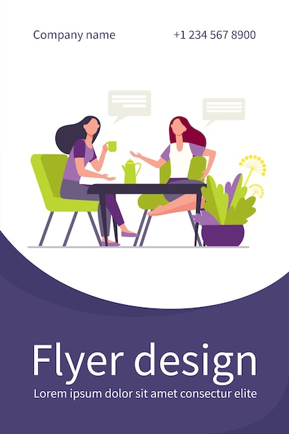 Free Vector female friends meeting over cup of coffee. women drinking tea and chatting flat illustration. flyer template