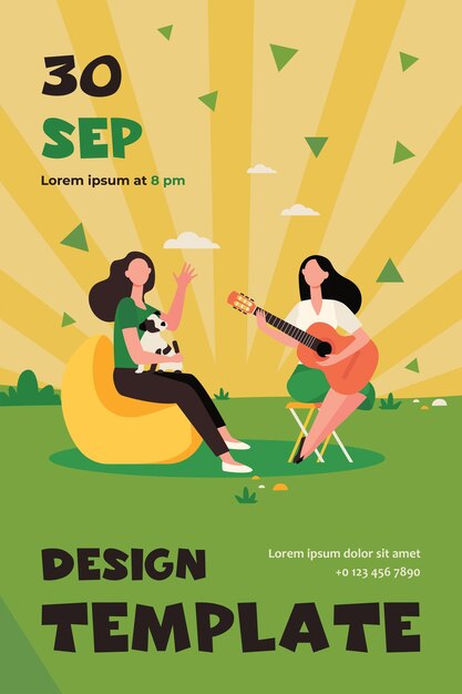 Female friends and pet relaxing outdoors. Women playing guitar and singing outdoors flat Flyer template