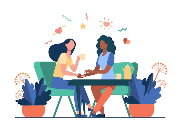 Free Vector female friends talking over cup of tea. holding hand, giving comfort, coffee shop flat vector illustration. communication, friendship concept 